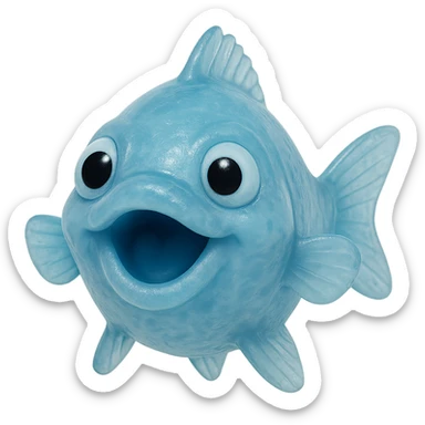 highly detailed, hyper-realistic clear bright blue fish with derpy playful face, mouth open, looking directly at us, transparent soft plastic body with subtle cloudiness, soft reflections, retro 90's toy vibe, not shiny, soft and squishy appearance, no background sticker
