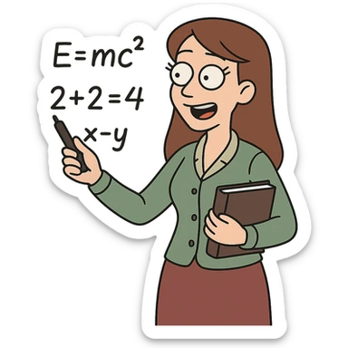 female math teacher, brown straight hair, Caucasian, flat toon style sticker