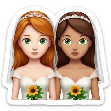 A ginger woman with blue eyes, marrying a taller woman with very dark brown hair and green eyes, both in wedding dresses. sticker
