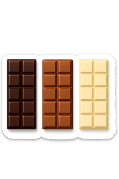 3 emoji stile iphone di BARRETTE DI CIOCCOLATO, UNA FONDENTE, UNA AL LATTE E UNA BIANCA, CON OMBRA REALISTICA, VISTE DALL'ALTO, IPERREALISTICO 4K sticker