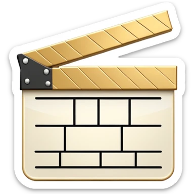 ultra simplified movie clapper with gold and white colors, two simple rectangles with a diagonal line sticker