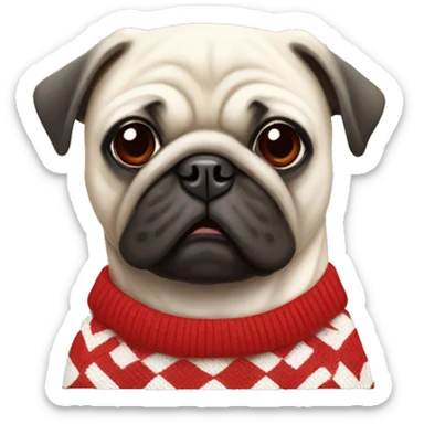 white pug wearing a red and white checkered sweater sticker