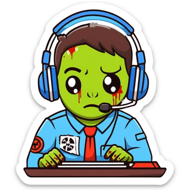 zombie call center employee with headphones, torn uniform, and dead eyes sticker