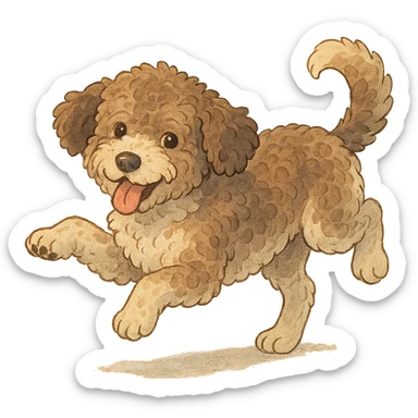 playful pose Lagotto Romagnolo dog, roan coat, gentle lighting, ghibli style sticker