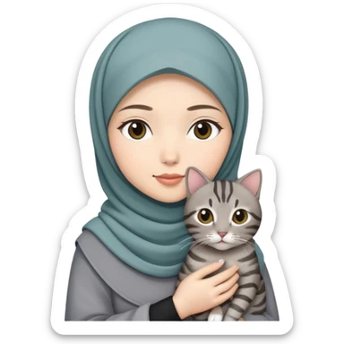 Asian White girl wearing hijab holding a black grey tabby cat sticker