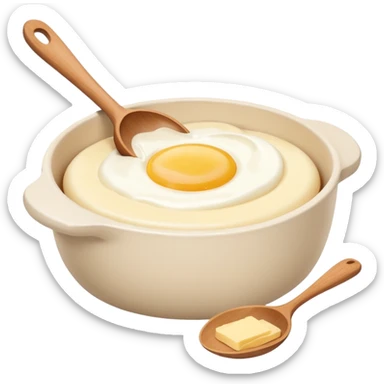 A carton of eggs, butter and a cream ceramic baking bowl with a wooden spoon in it sticker