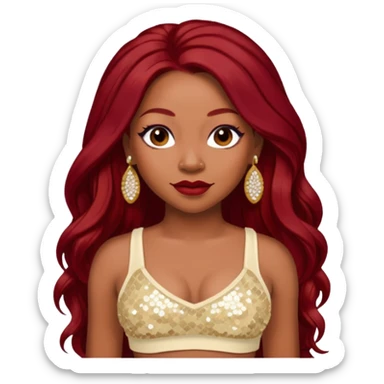 LaTavia Robeson with long dark red hair, ivory sequin crop top, ivory earring sticker
