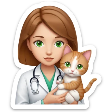 doctor girl medium light brown hair green eyes holds a cute kitty sticker