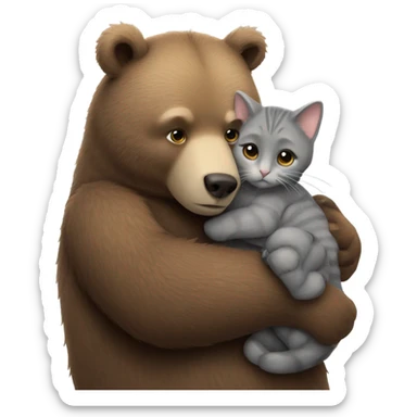 brown bear cub hugs gray cat sticker