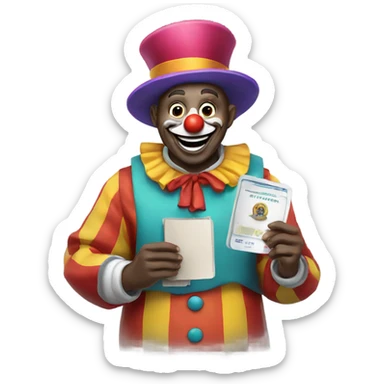 Clown holds a passport sticker
