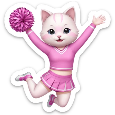 A cute chubby white kitten cheerleader in pastel uniform jumping in cheer pose. sticker
