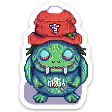 Add a red hat that says 'MAGA' in white letters to the slime monster, keep pixel art style, with no background. sticker