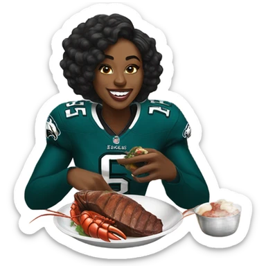 Black woman eating steak and lobster wearing an eagles jersey sticker