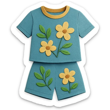illustration of a women's short and tee shirt set with a floral pattern in paper-craft style sticker