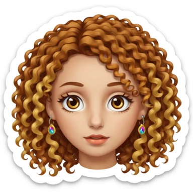 A woman with brown curly hair and blonde highlights side parted with hazel eyes with central heterochromia and a multicoloured nose ring sticker