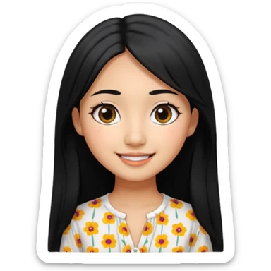 20 yr old asian woman hair white blouse with black dots center part big eyes big smile tanned skin straight black hair hippie part hair  sticker