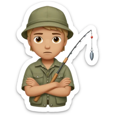 A boy with crossed arms, looking annoyed, dressed in fishing clothes. sticker