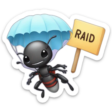 Parachuting ant holding a sign that says raid sticker