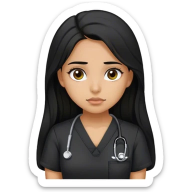 Latina girl with dark long hair and dark eyes and olive skin wearing black scubs and tired sticker