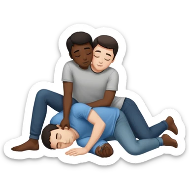 White male dark hair and black adult male naked, spooning on floor.,touching, kissing, in love sticker