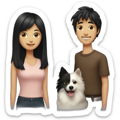 couple, a little Men with Long black hair, a girl with short brown hair ; and black spitz dog sticker