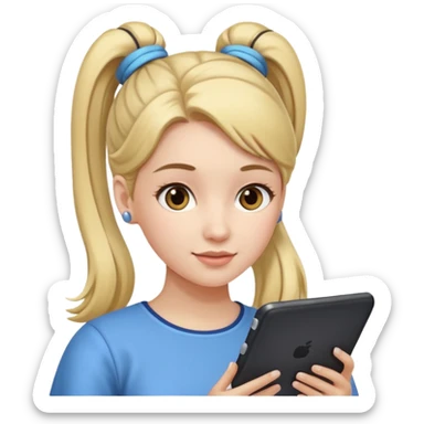 woman with two ponytails hair with tablet sticker