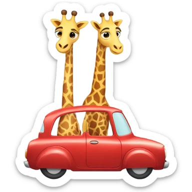 two cute giraffes driving in a red car sticker