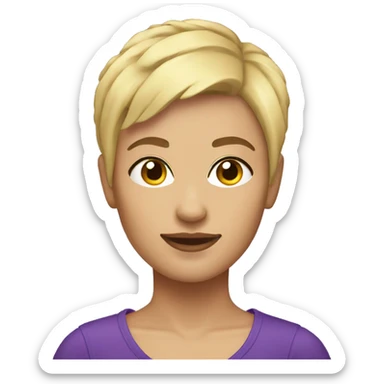 Woman with blonde pixie cut with little front pieces purple sticker