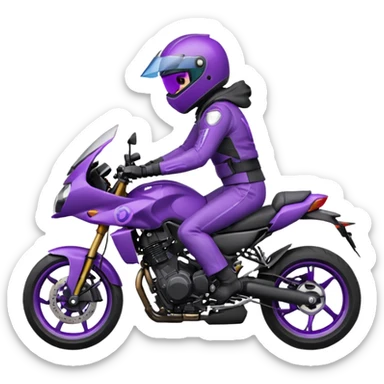 Créer un emoji avec une moto mt07 sport noir mate / violet iridescent très foncé, pare-brise de la moto violet. Avec une pilote dessus, visage masqué par la visière violette . Avec en arrière plan cercle violet. sticker