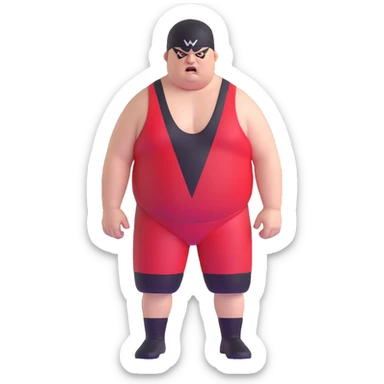 Close-up of white skin fat guy no muscle with prominent black durag, completely shaved face, no beard or mustache, black eyes in a red and black wrestling singlet with angry face sticker
