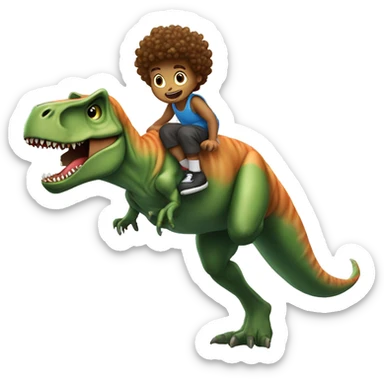 curly haired boy dunking on a T-rex sticker