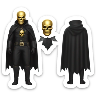 Bounty Hunter Boss with black cape and a half of gold skull mask from death Stranding, full body view sticker