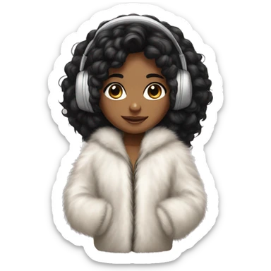 A brown Indian girl with big eyes, curly black hair, and Sony white headphones in a fur jacket sticker