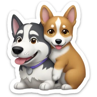 Husky hugging a corgi  sticker