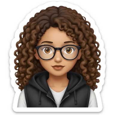 Mixed girl /curly long hair brown / with brown eyes glasses black hood vest  sticker