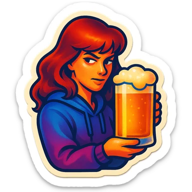 A sticker of a female stalker with a glass of beer sticker