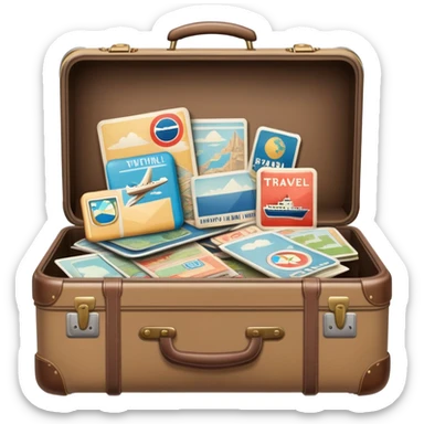 Suitcase with travel stickers, subdued colors, not vivid sticker