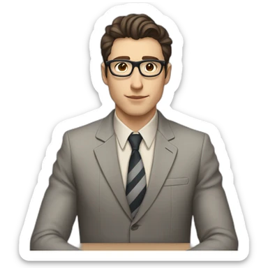 Pale skinned Fit Man With dark brown hair in gray jacket with stripe In the form of emblem Ψ, beige office shirt and vintage glasses Sitting at the table sticker