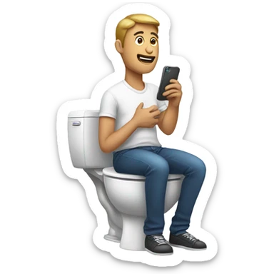 Man sitting on toilet with phone sticker