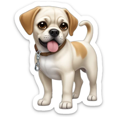 White Puggle with brown ears pulling on leash sticker