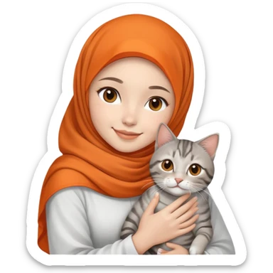 Asian White girl wearing orange hijab and white dress holding a black grey tabby cat while smiling.  sticker