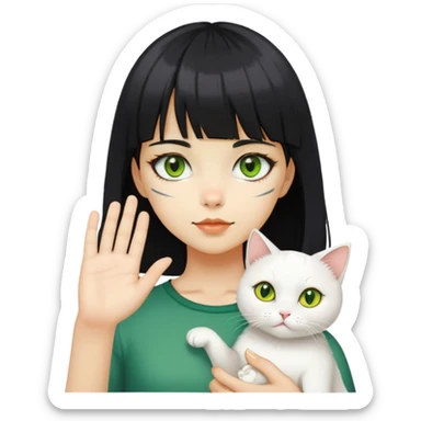 A girl with yellow skin, black medium length hair, bangs, and holding a white cat in her right hand. The cat has one yellow eye and the other green eye sticker