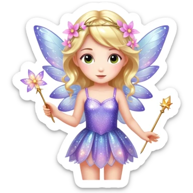 Cute fairy girl with delicate wings, sparkly wand, floral dress, and magical glitter sticker