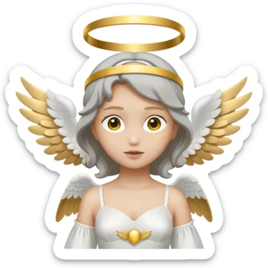 angel with gray skin, blindfolds no eyes, with two white large wings, with a white and golden dress, with a golden halo sticker