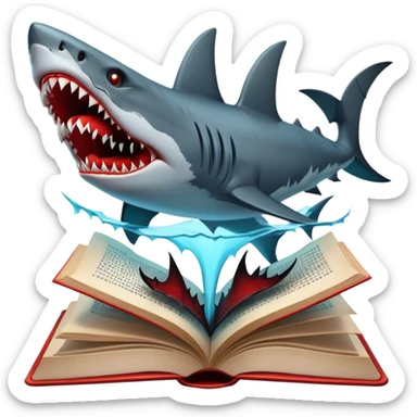 Icon for Horror & Mystery Reading: an open book with eerie glowing symbols, from which rise vampire Dracula with fangs, flying bats, a zombie hand, and a lurking shark with sharp teeth. Surrounding elements. Transparent background. sticker