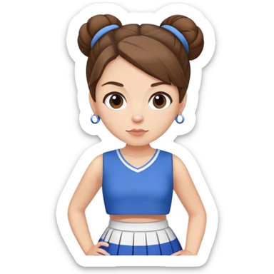 Je veux une emoji de Sophie Poyet, il faut prendre sa photo dans ma collection de photos avec les cheveux bruns chignon et une mini jupe bleue et blanc sticker