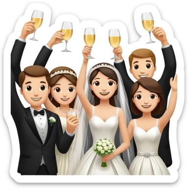 Wedding party raising joints for a celebratory toast, colorful wedding group with bride and groom at the center, cheerful cartoon style sticker