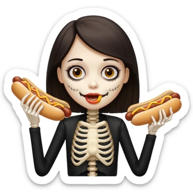 girl skeleton with hair eating a hot dog sticker