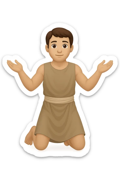 Remake this emoji in apple emoji style with brown hair and no silver handbands, fullbody apostle kneeling pose, new variation 5. Maintain the apple emoji style look and details. sticker