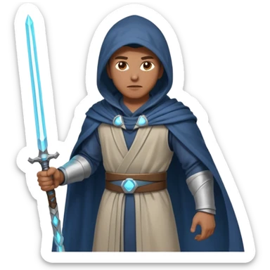 sci-fi space warrior human, glowing energy sword, hooded robe, heroic stance, 3D cartoon, mobile game character icon, clean background, no text
 sticker